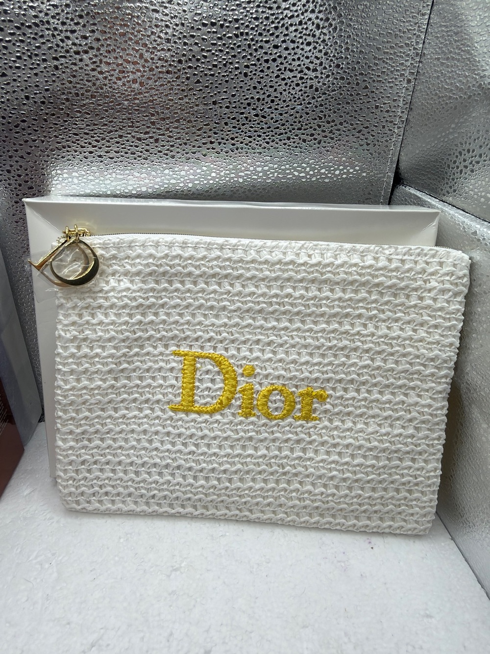 Dior White Woven Makeup Pouch with Yellow Logo